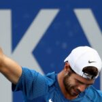 Ariake Tennis Park - Tokyo, Japan - July 29, 2021 Karen Khachanov of the Russian Olympic Committee celebrates at the Tokyo Olympics