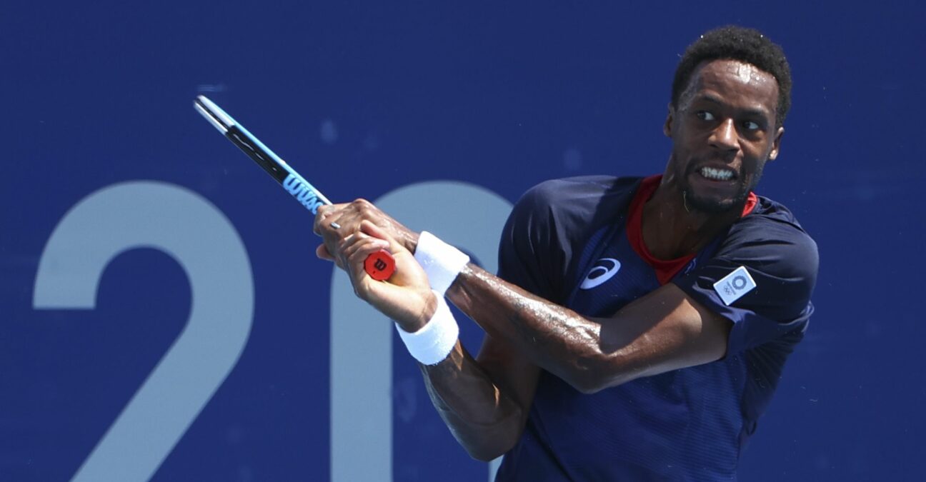 Ariake Tennis Park - Tokyo, Japan - July 25, 2021. Gael Monfils of France in action during his first round match against Ilya Ivashka of Belarus