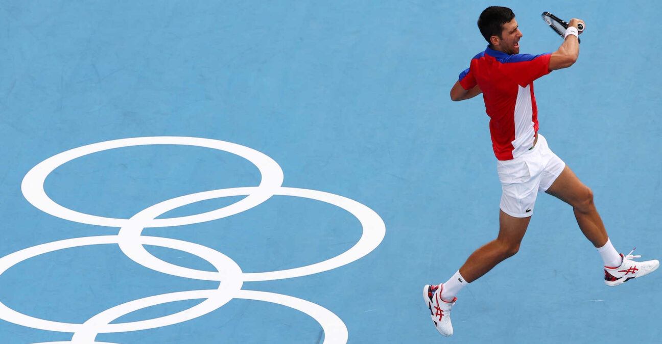 Novak Djokovic of Serbia in action during the Olympics, Tokyo