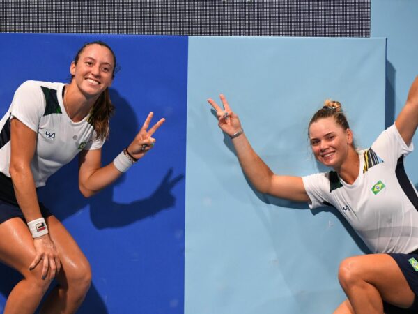 Ariake Tennis Park - Laura Pigossi of Brazil and Luisa Stefani of Brazil at the Tokyo Olympics