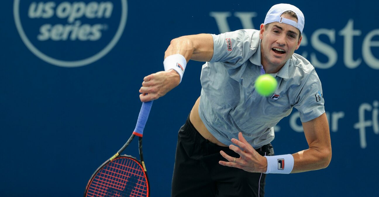 John Isner (USA) serves the ball against Cameron Norrie (GBR) during the Western and Southern Open tennis tournament at Lindner Family Tennis Center