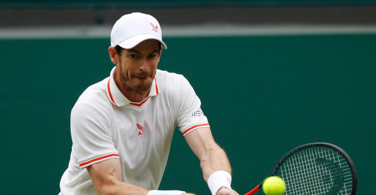 Britain's Andy Murray in action during his first round match at Wimbledon 2021