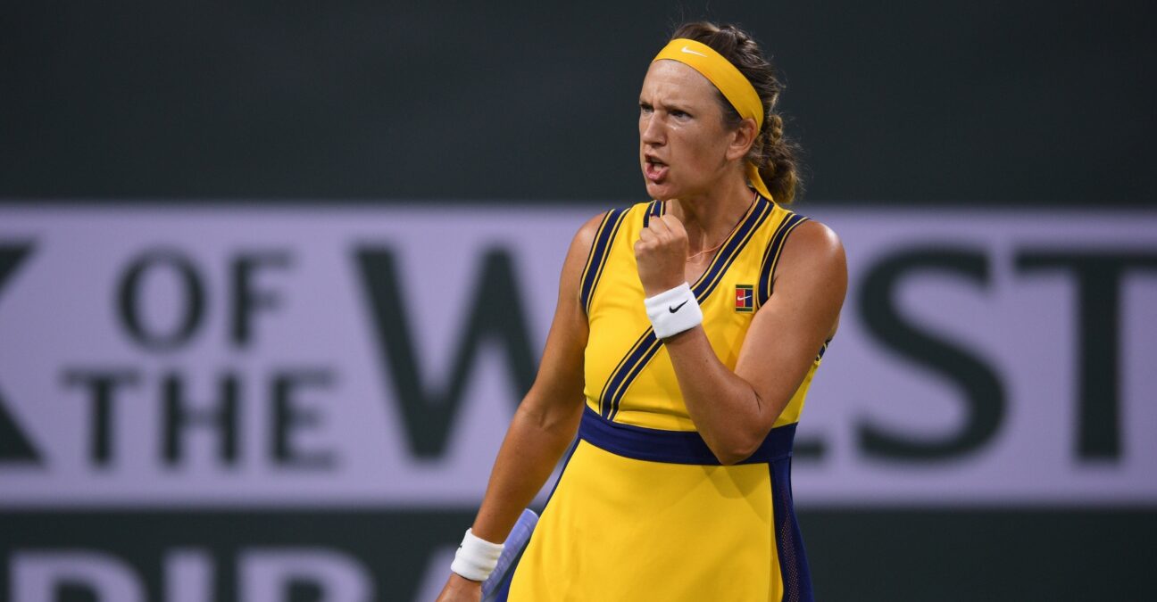 Victoria Azarenka (BLR) celebrates after winning a game against Petra Kvitova (CZE) at Indian Wells Tennis Garden.