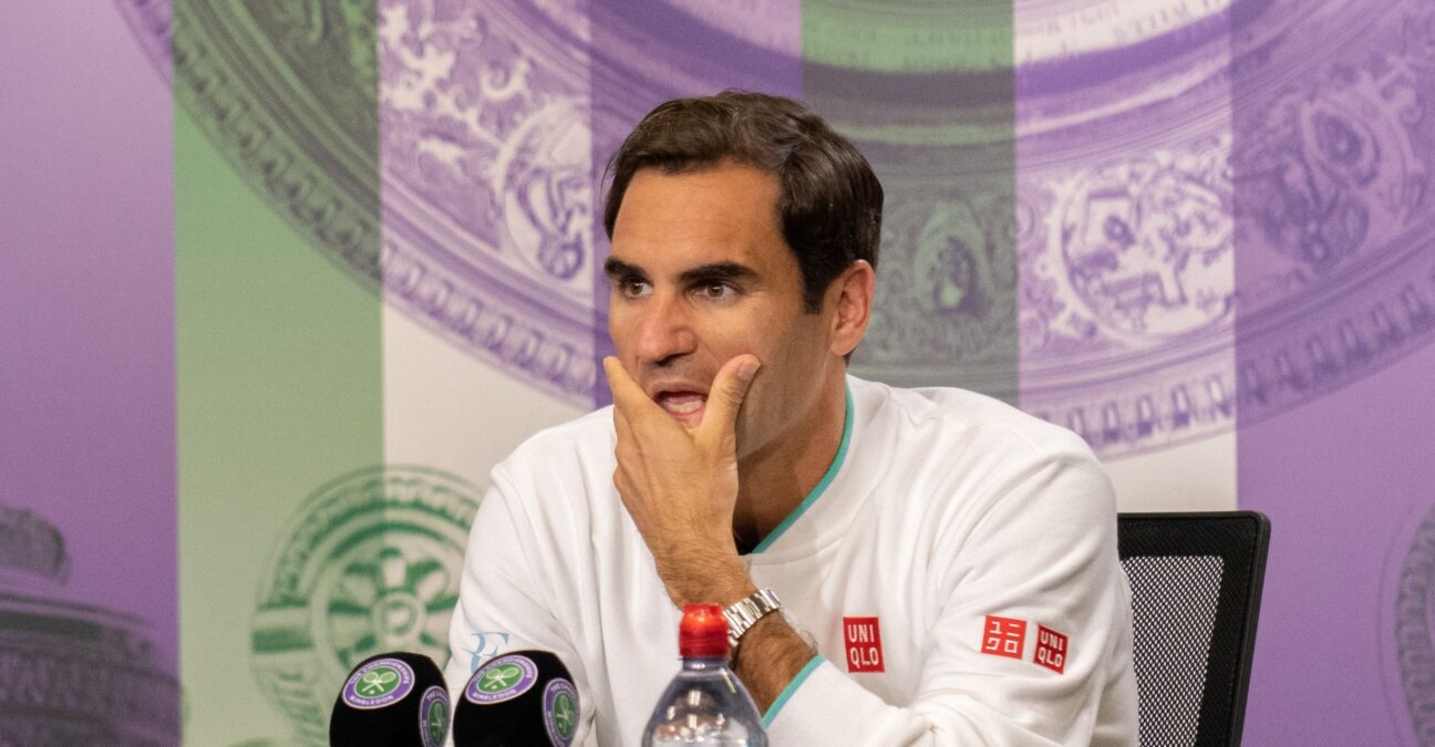 Roger Federer during a press conference after losing his quarter final match against Poland's Hubert Hurkacz at Wimbledon