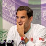 Roger Federer during a press conference after losing his quarter final match against Poland's Hubert Hurkacz at Wimbledon