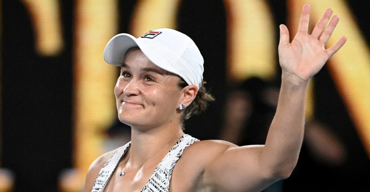 Australia's Ashleigh Barty celebrates winning her semi final match against Madison Keys of the U.S. at the Australian Open