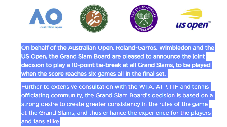Ten-point final set tie-breaker to be trialled at all Grand Slams