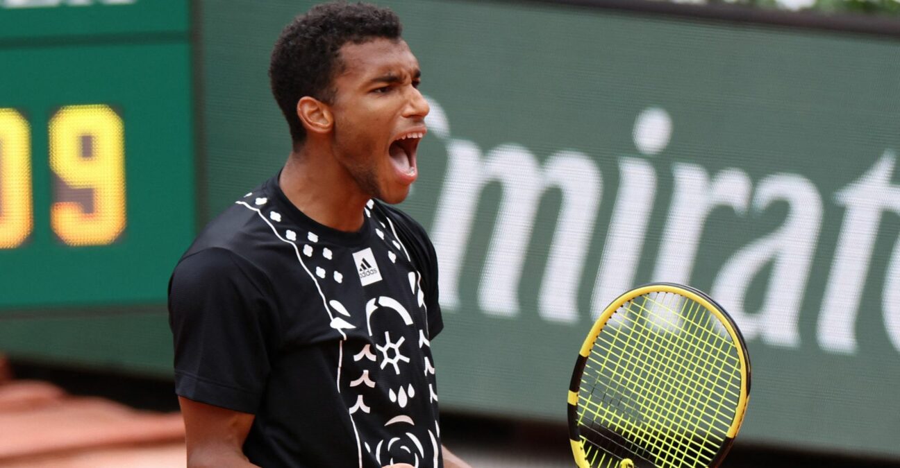 Canada's Felix Auger-Aliassime celebrates during his first round match against Peru's Juan Pablo Varillas at the French Open