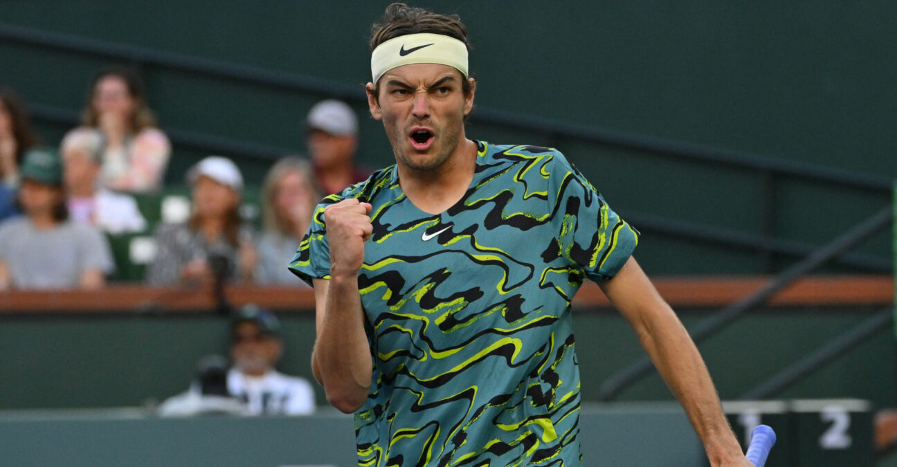 Taylor Fritz (USA) celebrates after defeating Ben Shelton (USA) in their second round match in the 2023 BNP Paribas Open