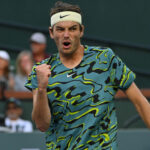 Taylor Fritz (USA) celebrates after defeating Ben Shelton (USA) in their second round match in the 2023 BNP Paribas Open