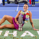 WUHAN, CHINA - OCTOBER 13: Champion Aryna Sabalenka poses with the trophy during the awarding ceremony after the Women s Singles Final match on day nine of 2024 Wuhan Open at Optics Valley International Tennis Center on October 13, 2024 in Wuhan, Hubei Province of China. 111523557146 || 298597_0016 2024 awards ceremony Damen FINAL game open province quer Singles tennis Women WTA WUHAN x0x